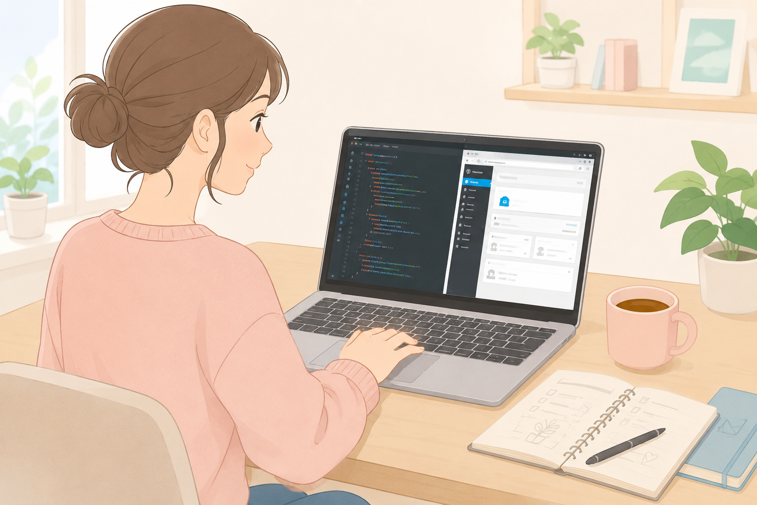 初心者がパソコンでClaude CodeとWordPressを使い、下書き投稿を自動化している様子のイラスト