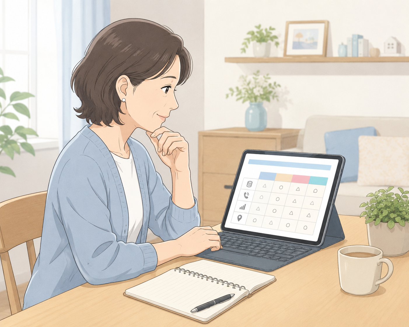 スマートフォンのプランを比較表で調べている女性のイラスト