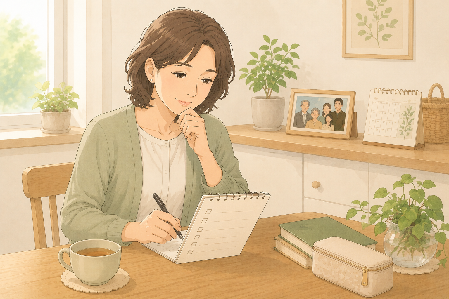 介護の準備リストを見ながら考える女性のイラスト