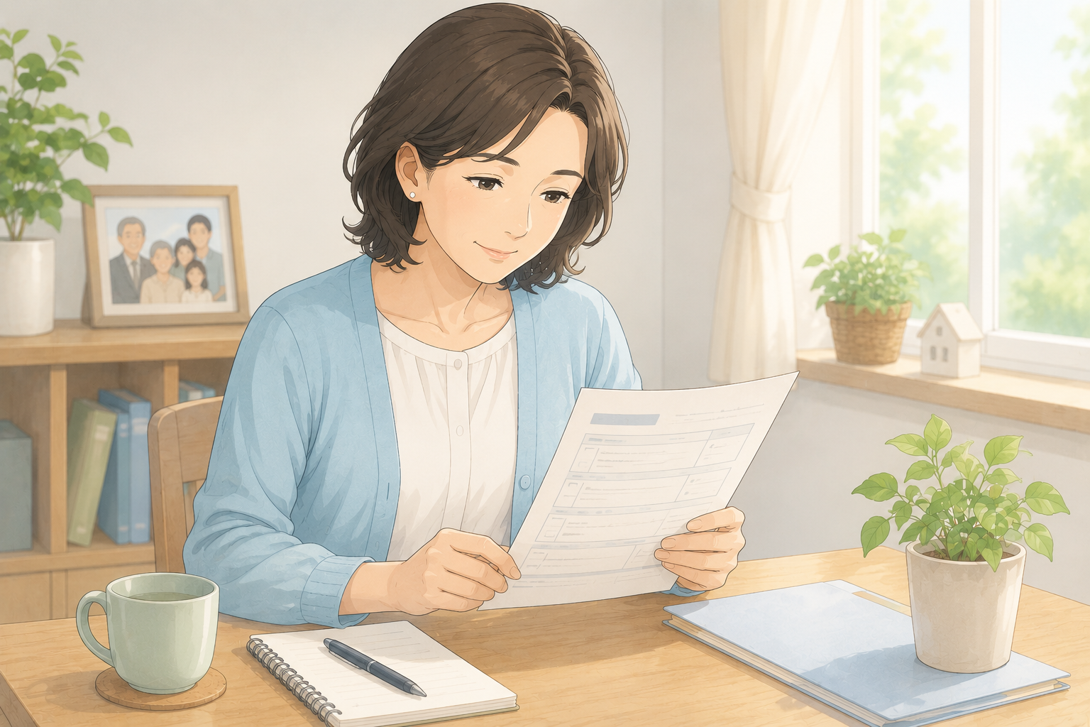 介護保険の申請書類を確認している女性のイラスト