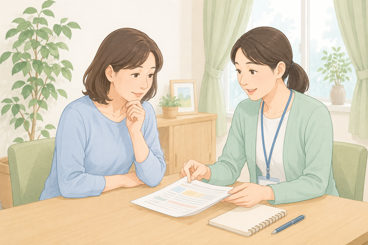 ケアマネジャーと書類を確認しながら相談している女性のイラスト