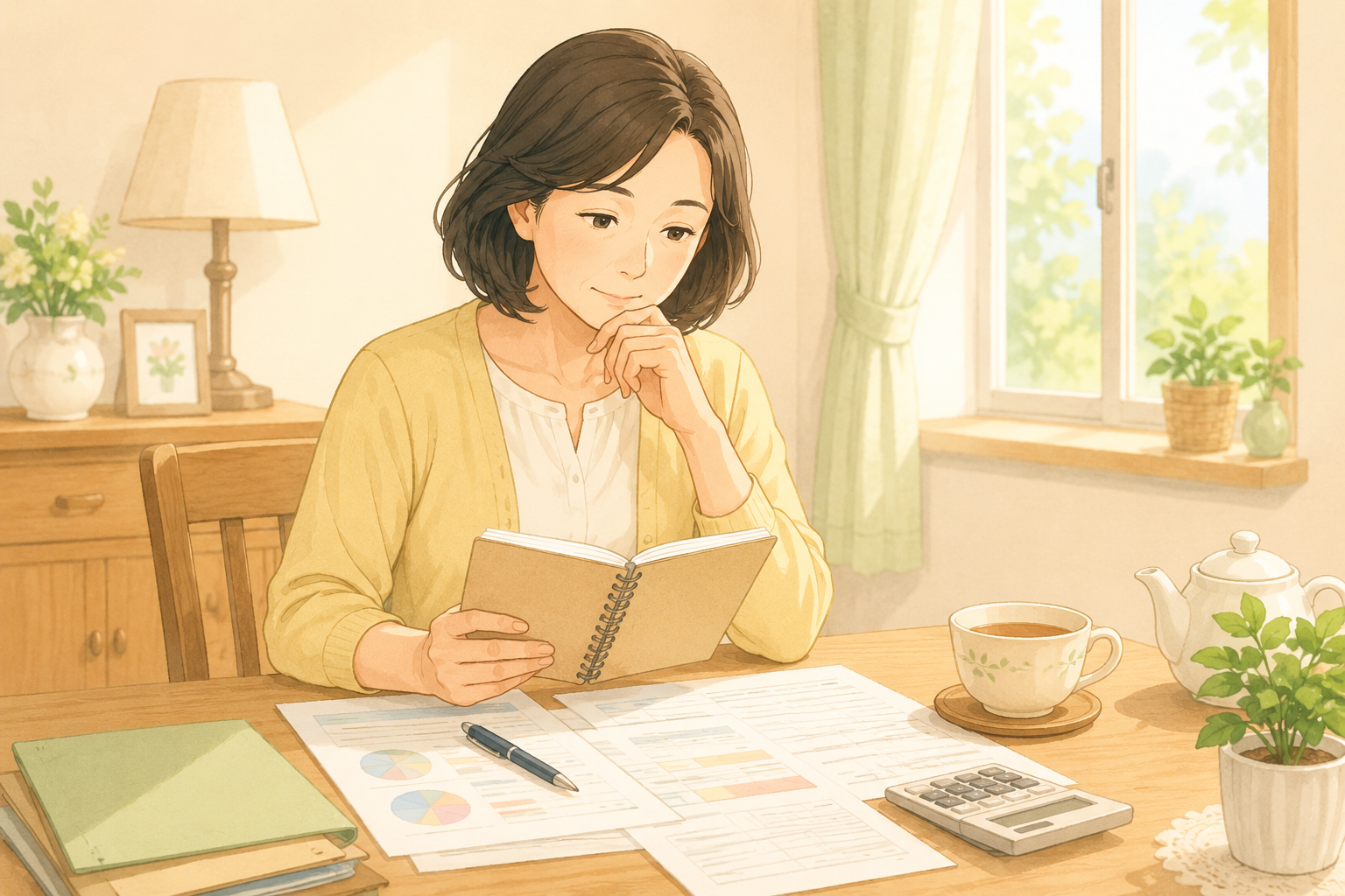 テーブルで書類を確認している50代女性のイラスト