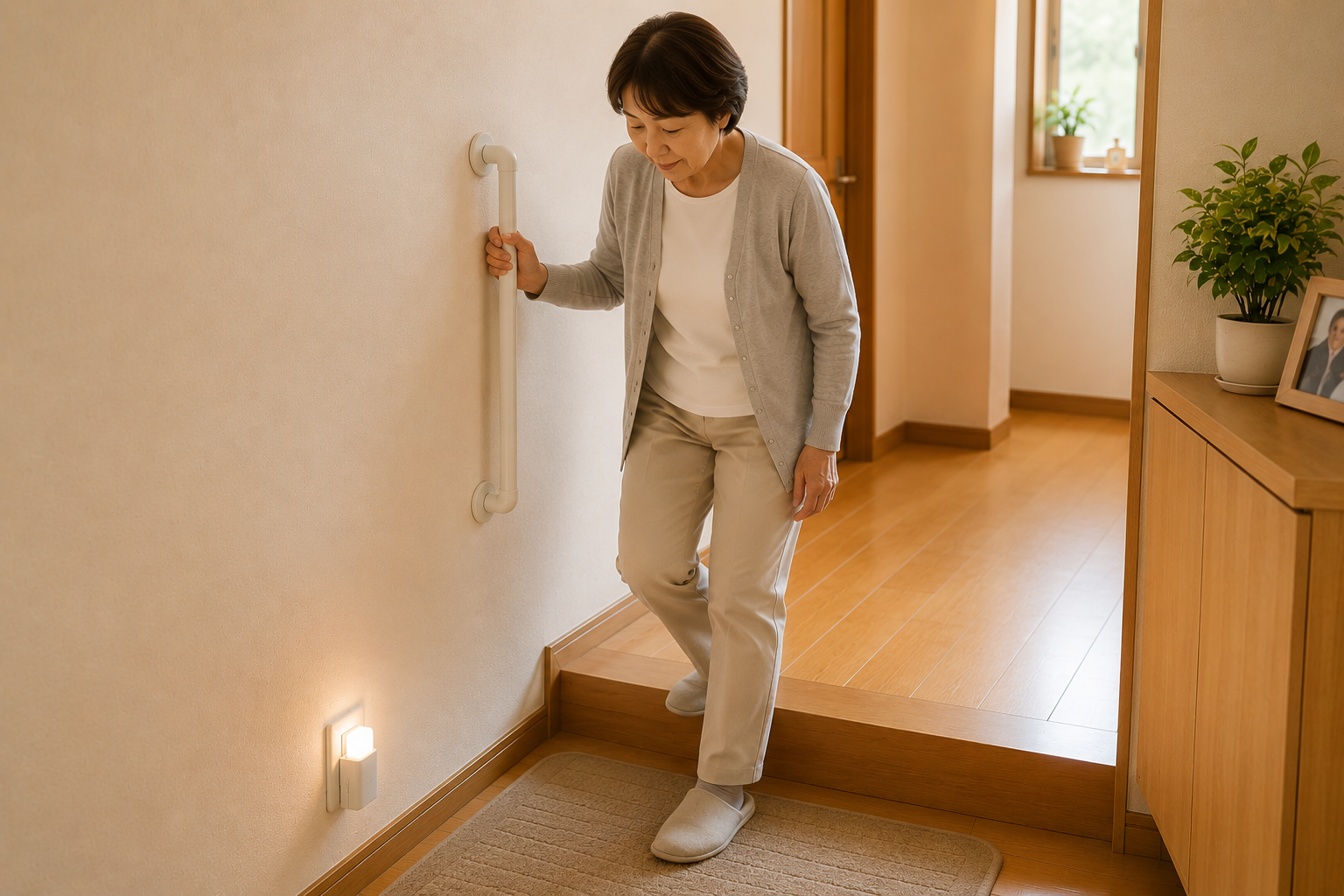 実家の廊下に設置された手すりと足元の滑り止めマットで安全に段差を降りる女性
